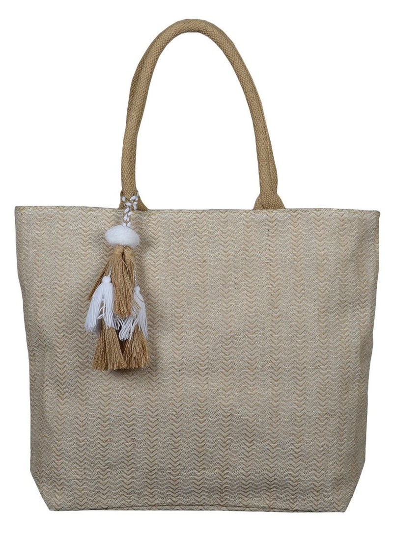 N & H N&H Ladies Jute Tote Bag Designer fabric with tassel and zip closure  - Image 1