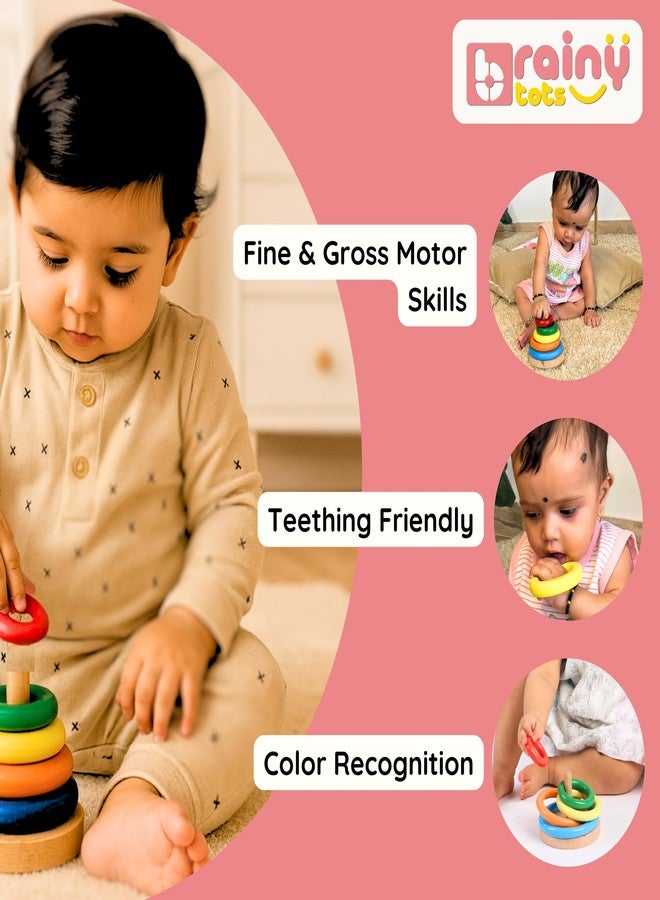 BrainyTots Wooden Montessori Ring Stacker Toy | Fine Motor Skills & Hand Eye Coordination | 6 Months - 2 Years Baby Toddler | Smooth Neem Wood | Colour Sorting, Size Sequencing & Focus Building - Image 3