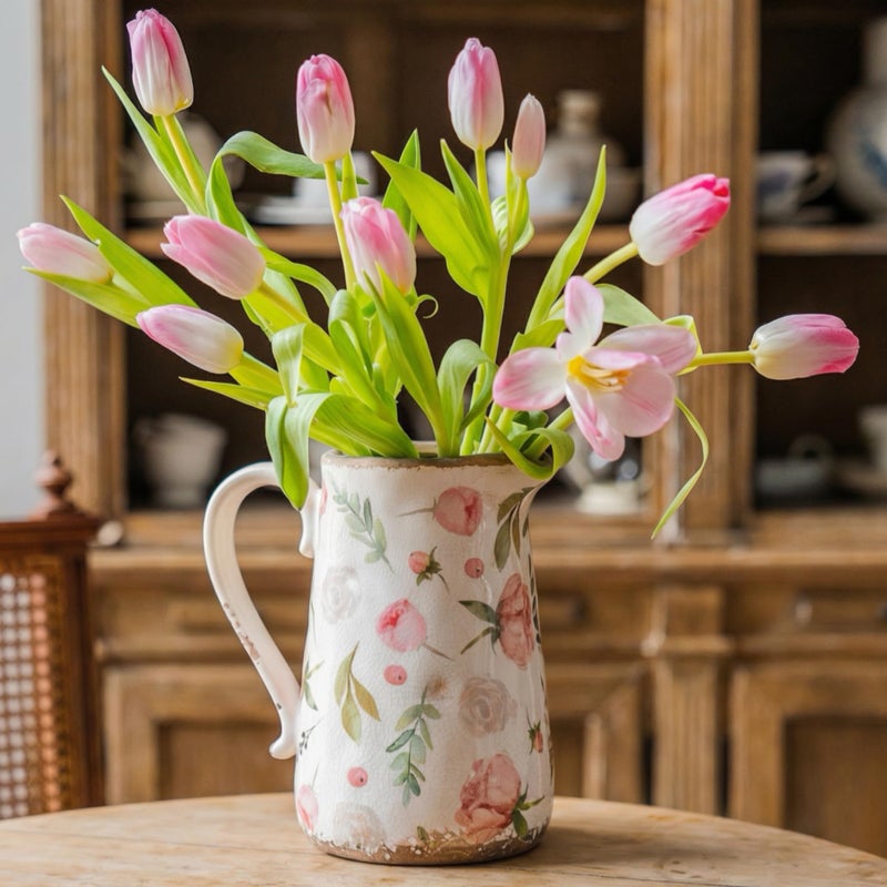 Teweiqi Retro Rustic Large Ceramic Vase with Handle, Distressed Farmhouse Pitcher for Home, Ideal Shelf Decor Floral Vase for Living Room Bedroom Office Table Centerpiece Decorations 9 Inch - Image 1