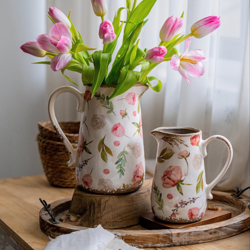 Teweiqi Retro Rustic Large Ceramic Vase with Handle, Distressed Farmhouse Pitcher for Home, Ideal Shelf Decor Floral Vase for Living Room Bedroom Office Table Centerpiece Decorations 9 Inch - Image 5