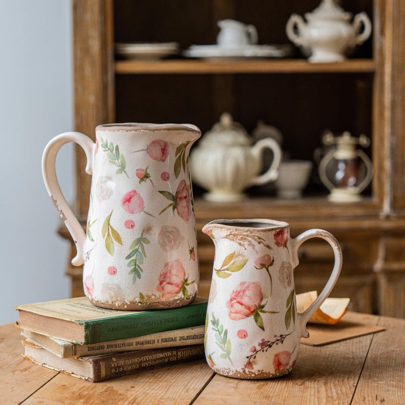 Teweiqi Retro Rustic Large Ceramic Vase with Handle, Distressed Farmhouse Pitcher for Home, Ideal Shelf Decor Floral Vase for Living Room Bedroom Office Table Centerpiece Decorations 9 Inch - Image 4
