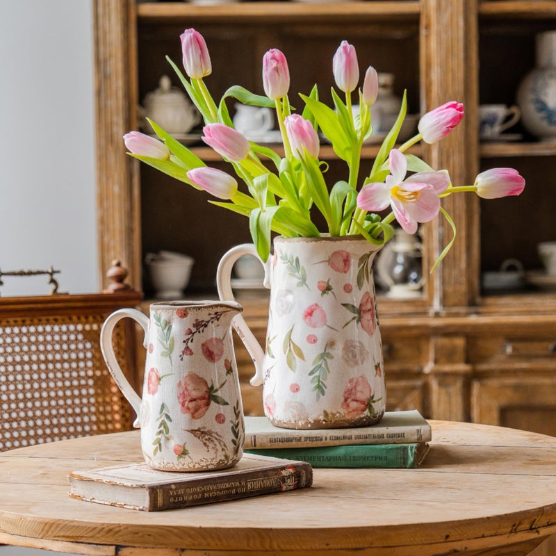 Teweiqi Retro Rustic Large Ceramic Vase with Handle, Distressed Farmhouse Pitcher for Home, Ideal Shelf Decor Floral Vase for Living Room Bedroom Office Table Centerpiece Decorations 9 Inch - Image 2