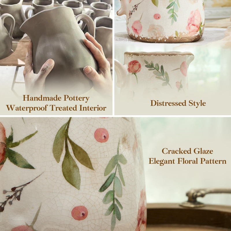 Teweiqi Retro Rustic Large Ceramic Vase with Handle, Distressed Farmhouse Pitcher for Home, Ideal Shelf Decor Floral Vase for Living Room Bedroom Office Table Centerpiece Decorations 9 Inch - Image 3