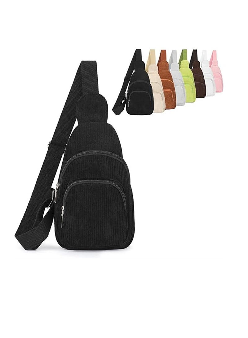 Zikra Corduroy Sling Bag, with Adjustable Shoulder Straps, for Women/Men Crossbody Purse Small Sling Backpack Chest Purse, Black, 1 Pcs - Image 1