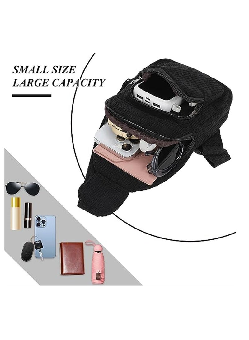 Zikra Corduroy Sling Bag, with Adjustable Shoulder Straps, for Women/Men Crossbody Purse Small Sling Backpack Chest Purse, Black, 1 Pcs - Image 3