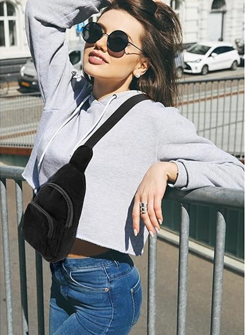 Zikra Corduroy Sling Bag, with Adjustable Shoulder Straps, for Women/Men Crossbody Purse Small Sling Backpack Chest Purse, Black, 1 Pcs - Image 2