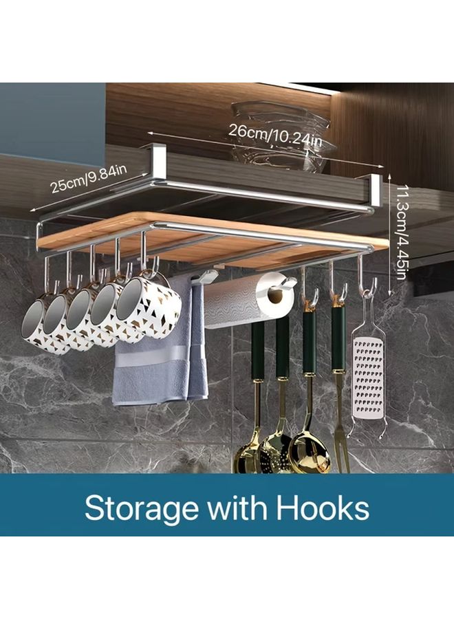 Stainless Steel Under Cabinet Hanging Rack With Wooden Accents Storage With Hooks - Image 1