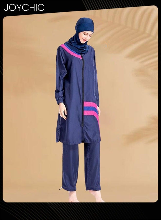 Joychic 3-piece Muslim Women Conservative Swimwear Set Summer Casual Comfortable and Sun Protection Long Sleeve Zipper Closure Swimsuit Lightweight Beach Wear - Image 3