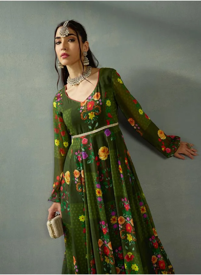 ساسافراس Floral Print Criss Cross Back Anarkali Kurta