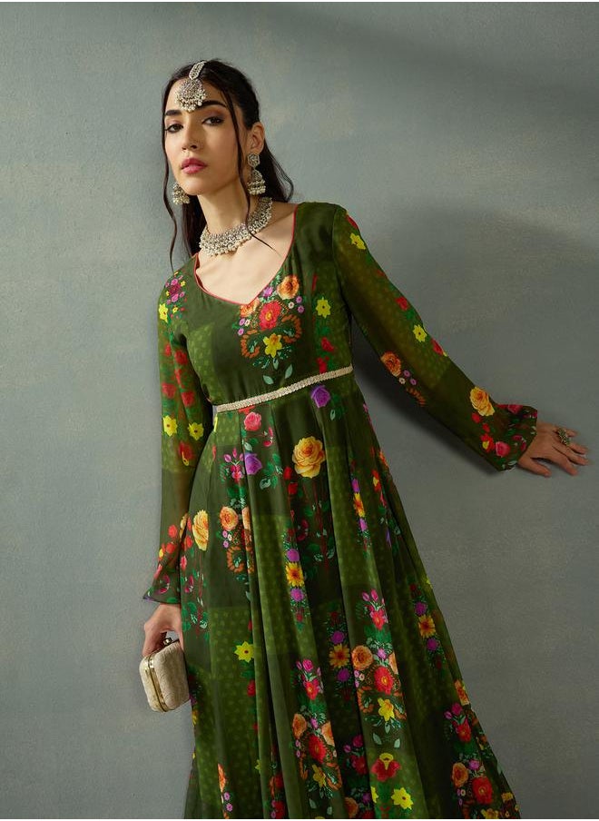 SASSAFRAS - Floral Print Criss Cross Back Anarkali Kurta by Styli - Image 1