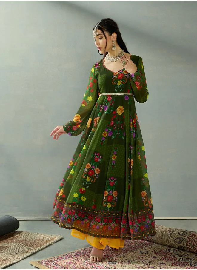 ساسافراس Floral Print Criss Cross Back Anarkali Kurta