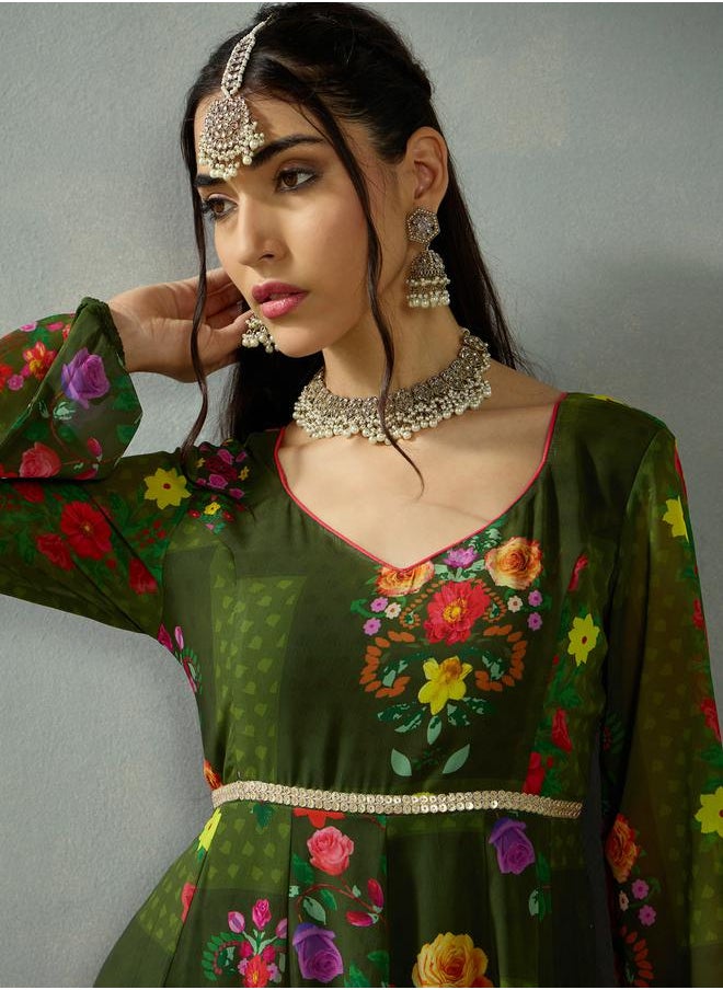 SASSAFRAS - Floral Print Criss Cross Back Anarkali Kurta by Styli - Image 1