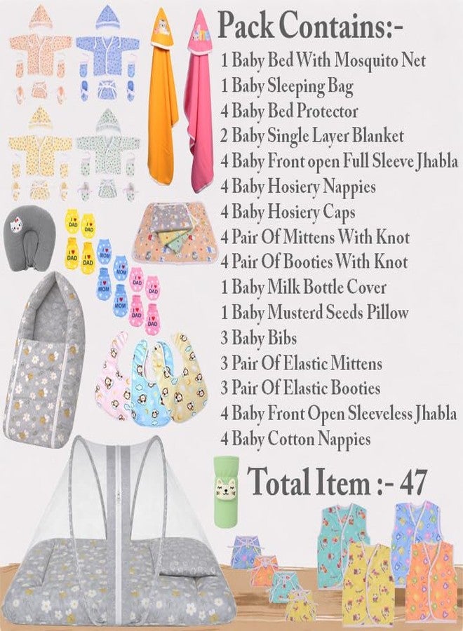 Kwitchy Newborn Baby Essentials Kit 47 Items Combo | New Born Baby Kit 0-6 Months | Baby Bed Bedding Clothes Set | Hospital Bag & (Grey) - Image 2