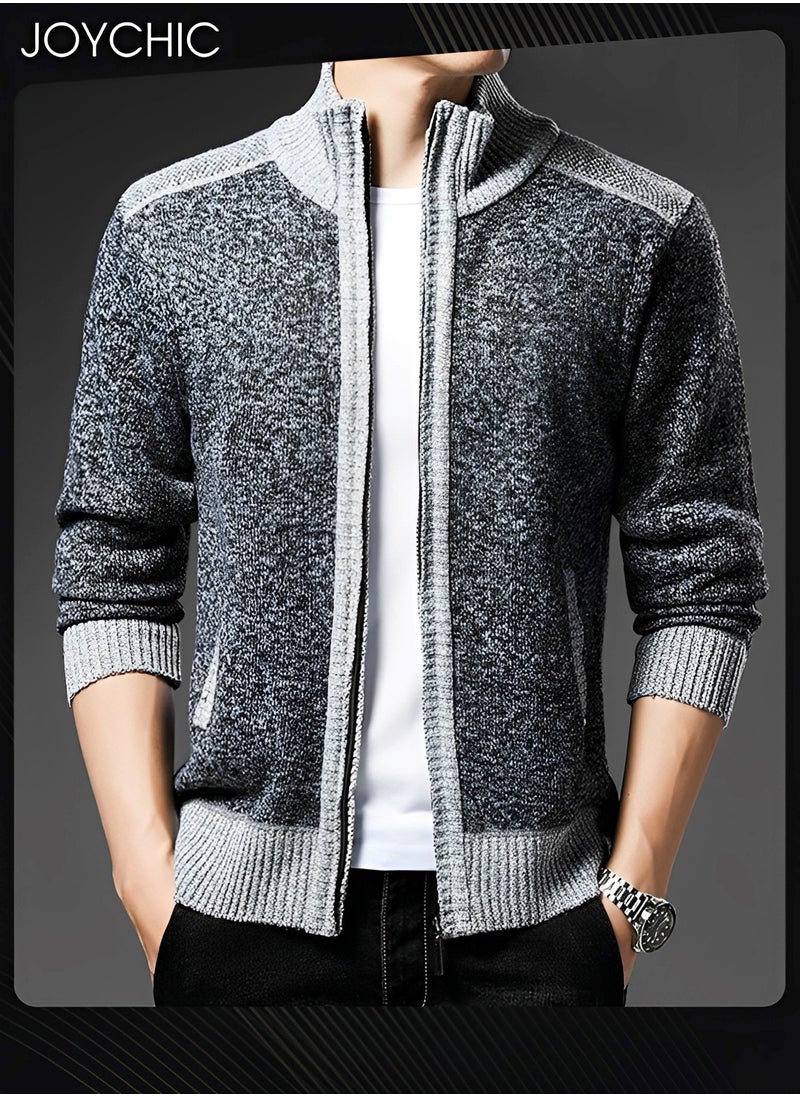 Joychic - Autumn And Winter Men  Cardigan Coat Warm Sweater Jacket Long Sleeve Block Stand Collar Wool Men Zipper Knitted Thick Coat Dark Grey - Image 1
