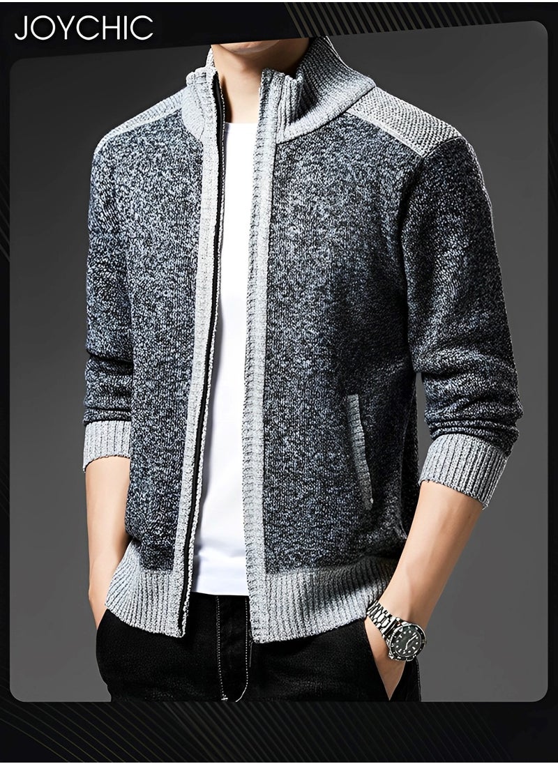 Joychic - Autumn And Winter Men  Cardigan Coat Warm Sweater Jacket Long Sleeve Block Stand Collar Wool Men Zipper Knitted Thick Coat Dark Grey - Image 1