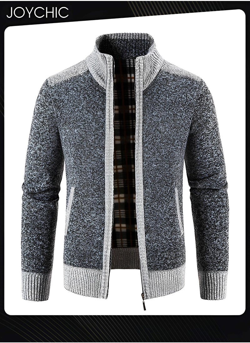 Joychic - Autumn And Winter Men  Cardigan Coat Warm Sweater Jacket Long Sleeve Block Stand Collar Wool Men Zipper Knitted Thick Coat Dark Grey - Image 1