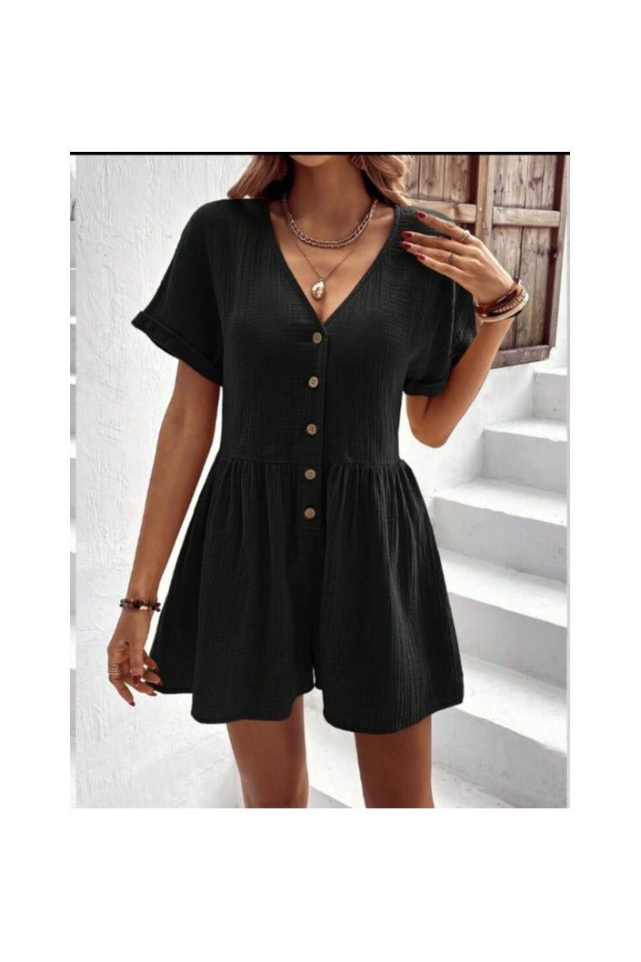 Shein SHEIN VCAY Batwing Sleeve Button Front Beltless Romper - Image 4