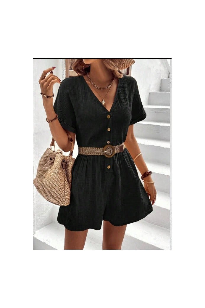 Shein SHEIN VCAY Batwing Sleeve Button Front Beltless Romper - Image 5