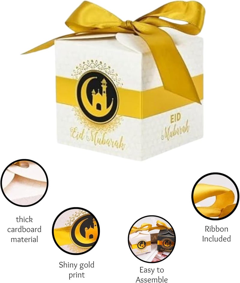 Eid Mubarak Gift Boxes – Pack of 5 Ramadan Favor Boxes in White & Gold, Elegant Treat Box for Sweets, Dates, Chocolates, and Gifts for Kids | Eid Gift Bags (White) - Image 2