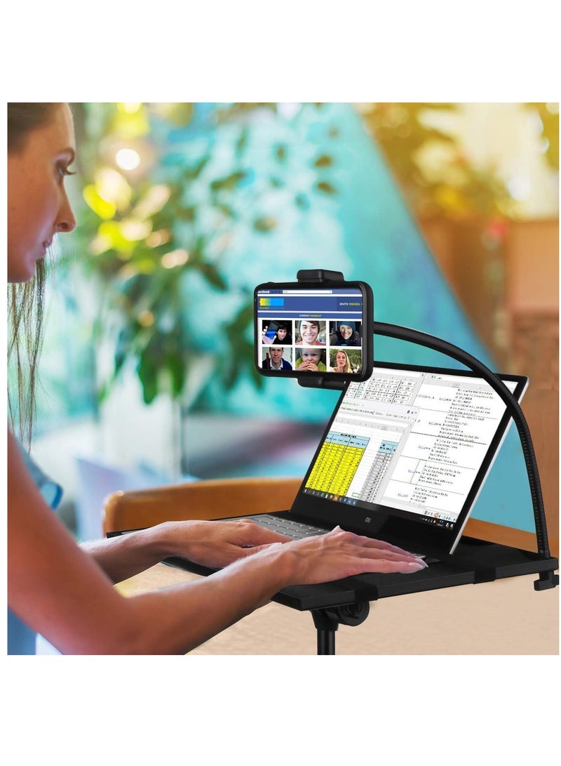ELTRAZONE حامل ثلاثي القوائم لجهاز العرض والكمبيوتر المحمول - حامل للكمبيوتر والكمبيوتر اللوحي ومعدات الدي جي مع حامل هاتف على شكل عنق الإوزة قابل للتعديل حتى 42 بوصة مع حجم لوحة 15 بوصة × 11 بوصة - Image 4