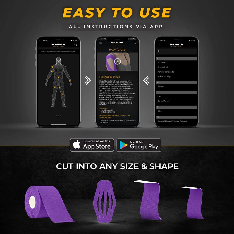 WINIOM Kinesiology Tape-Incredible Support for Athletic Sports and Recovery+Free Taping Guide-Uncut 2 inch 16.4 feet Roll (Indigo Purple + Free Taping Guide, Pack of 1) - Image 4