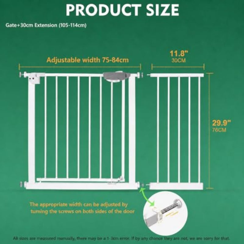 Auto Close Safety Baby Gate, Extra Wide Child Gate 75-84cm + 30cm Extension Kit Maximum Suitable For 114cm, Baby Gates for Stairs and Doorways, Easy Install Gate + 30cm Extension Kit - Image 3