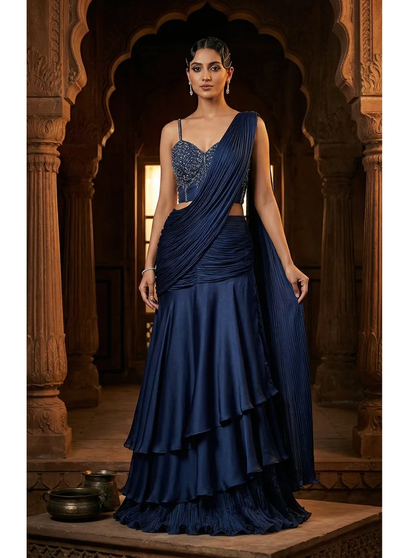 Lehar Navy Blue Pleated Pre-Draped Saree Lehenga with Embellished Bustier