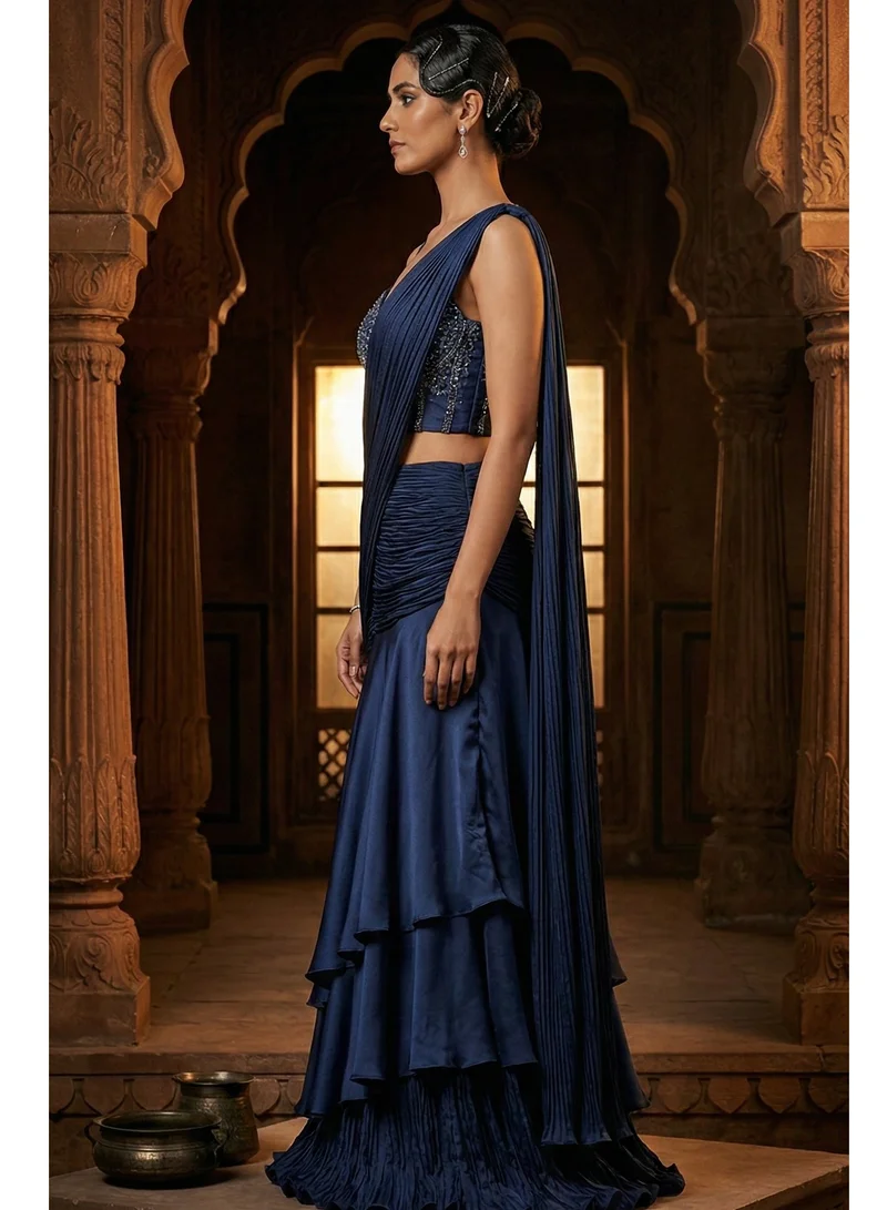 Lehar Navy Blue Pleated Pre-Draped Saree Lehenga with Embellished Bustier