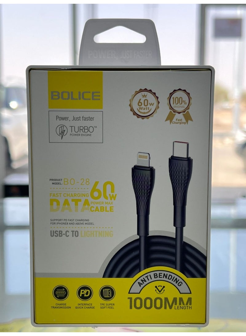 BOLICE B0-28 USB-C to Lightning Fast Charging Cable 60W Max Anti-Bending 1000mm
