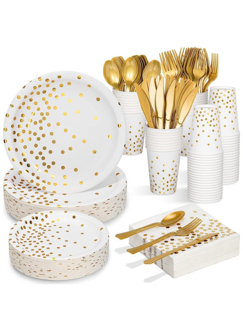 سوفام مجموعة 200 من مستلزمات حفل PCS، 25 من أدوات المائدة الورقية التي يتم التخلص منها، والأطباق، والمناديل، والكؤوس، ومجموعات البلاستيك الذهبية للزفاف، وأعياد الميلاد، وحمامات الأطفال، والعطلات (بيضاء) - Image 1