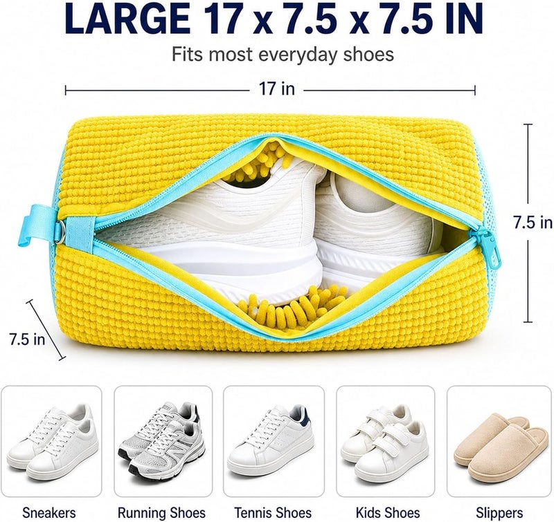 حقيبة غسيل أحذية XXL - عبوة مكونة من 2 حقيبة قابلة لإعادة الاستخدام، تنظيف عميق 360° لأحذية التنس والكعب الخفيف والنعال، تشمل 2 حقيبة تخزين للغبار (لون أصفر) - Image 4