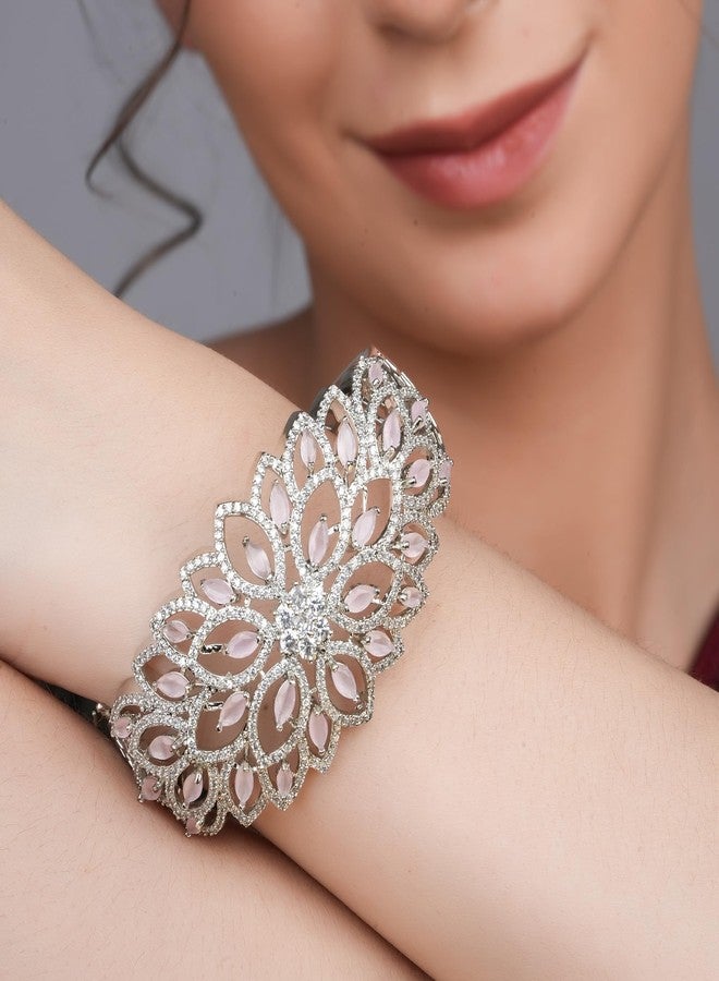 STYOLLO Stylish Silver Bracelet for Women and Girls | Elegant Hand Bracelet with Marquise Shaped American Diamonds Crystal Stones | Trendy Fashion Jewelry for Parties, Weddings, and Gift-(B4-Pink) - Image 3