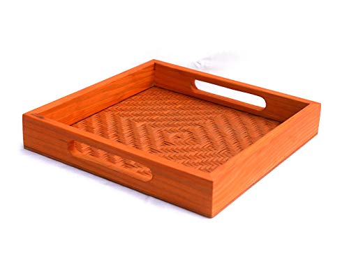 Kadam Haat Handmade Bamboo Rectangular Serving Tray with Handles, Glasses Plate, Tea/Drink Platter, Dinner Serving, Snack Tray | (20cm x 20cm x 3cm, Orange) - Image 1