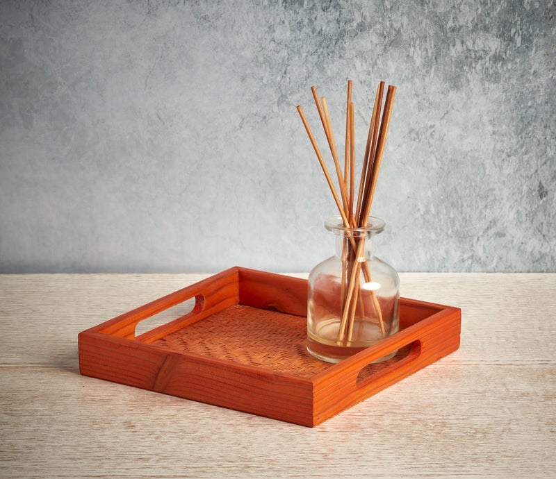 Kadam Haat Handmade Bamboo Rectangular Serving Tray with Handles, Glasses Plate, Tea/Drink Platter, Dinner Serving, Snack Tray | (20cm x 20cm x 3cm, Orange) - Image 4