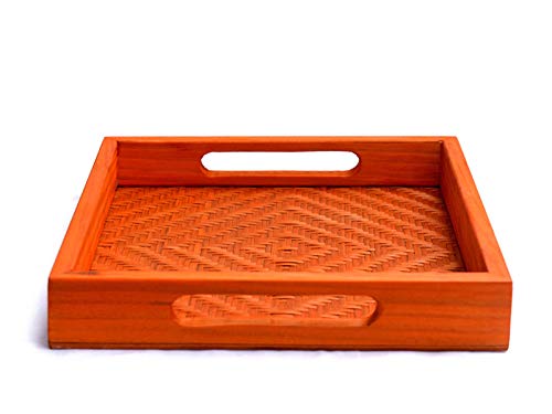 Kadam Haat Handmade Bamboo Rectangular Serving Tray with Handles, Glasses Plate, Tea/Drink Platter, Dinner Serving, Snack Tray | (20cm x 20cm x 3cm, Orange) - Image 2