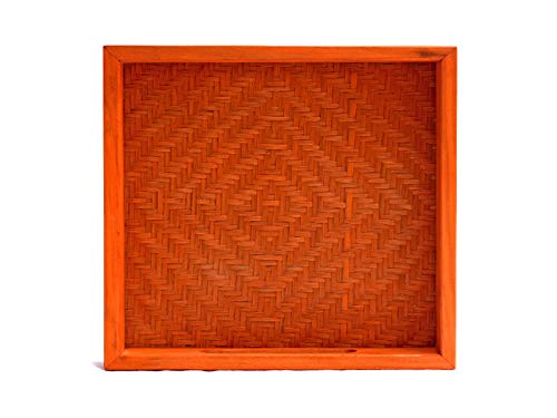 Kadam Haat Handmade Bamboo Rectangular Serving Tray with Handles, Glasses Plate, Tea/Drink Platter, Dinner Serving, Snack Tray | (20cm x 20cm x 3cm, Orange) - Image 3