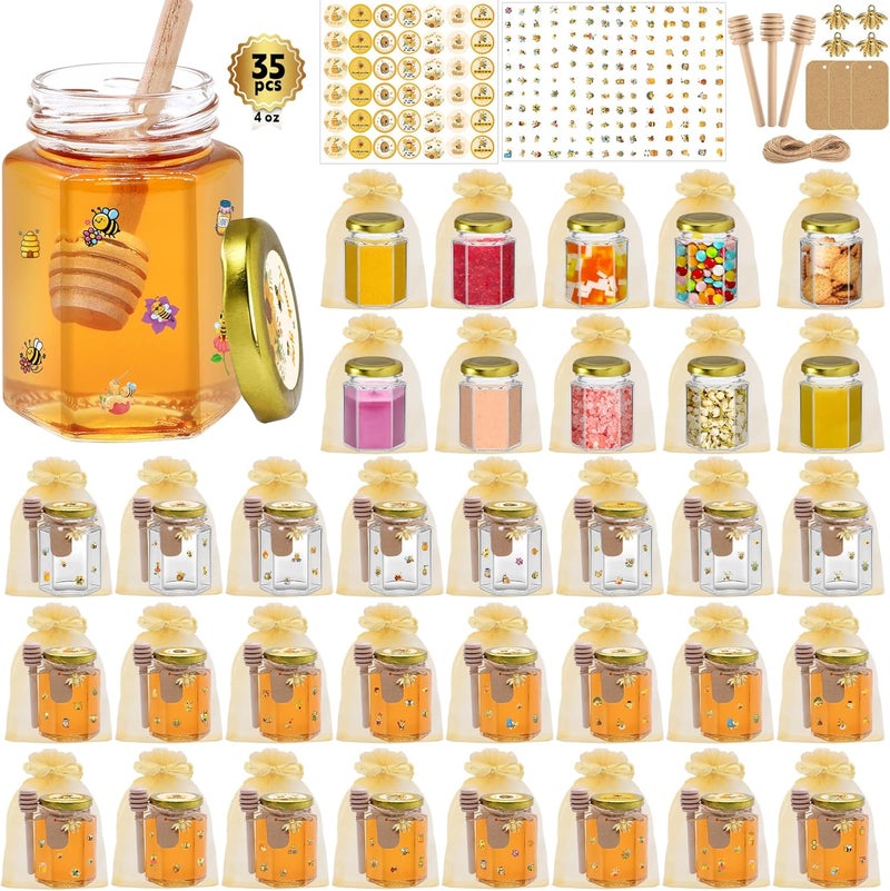BGraceyy 35 Pack 4 oz Mini Hexagon Glass Honey Jars with Dippers, Gold Lids, Bee Stickers, Bee Charms, Gift Bags & Jute– Empty Small Honey Jars for Party Favors Bulk, Ideal for Baby Showers ＆ Weddings - Image 1