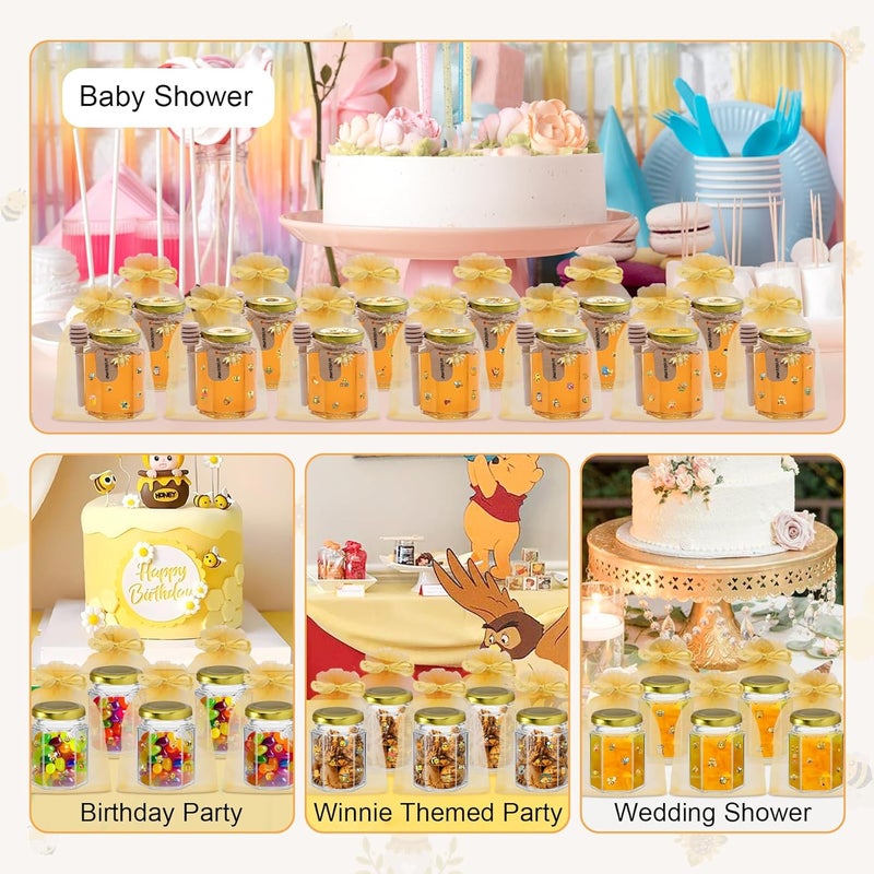 BGraceyy 35 Pack 4 oz Mini Hexagon Glass Honey Jars with Dippers, Gold Lids, Bee Stickers, Bee Charms, Gift Bags & Jute– Empty Small Honey Jars for Party Favors Bulk, Ideal for Baby Showers ＆ Weddings - Image 4