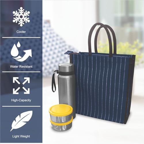SHIBUI Eco-Friendly Canvas Lunch Bag with Tiffin Box Holder, Zipper Closure, and Reinforced Handle - Unisex. (Navy, 1) - Image 3