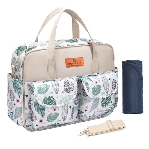 Motherly Grace Tote Diaper Bag for Mothers for Travel with Changing Mat and 6-Month Warranty | Maternity Hospital Bag for Newborn | Water-Resistant Baby Bag for mom -Green Leaf - Image 1