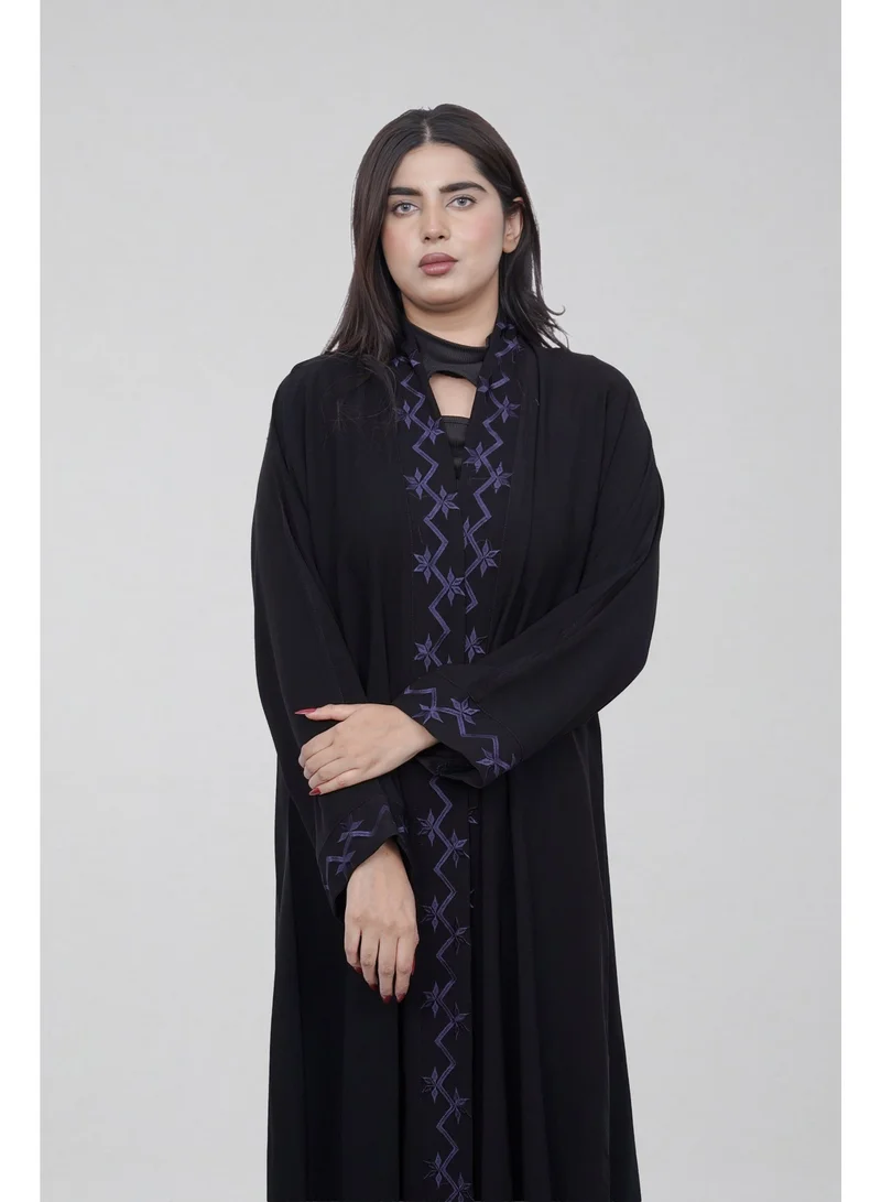 Fashion Line Elegant Front-Open Black Abaya with Deep Purple Geometrical Floral Embroidery