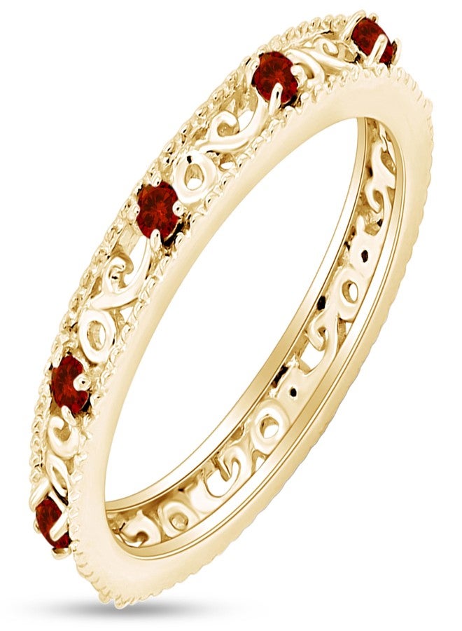 AFFY Filigree Eternity Wedding Band Ring for Women, Round Simulated Gemstone Garnet Stackable Promise Ring, 14K Yellow Gold Plated 925 Sterling Silver Band Width 3.5mm, Jewelry Gift for Her, Size-6 - Image 1