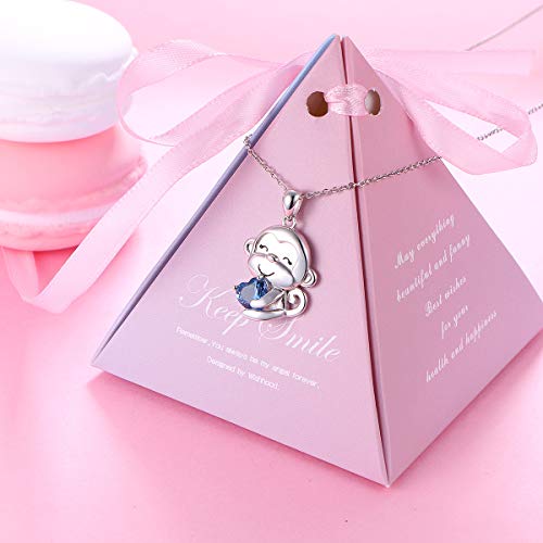 FLYOW 925 Sterling Silver Cute Animal Heart CZ Wise Monkey Hold Heart Charm Pendant Necklace Jewelry for Women Mom Friends Her, 18 inch - Image 3