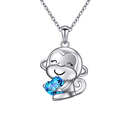FLYOW 925 Sterling Silver Cute Animal Heart CZ Wise Monkey Hold Heart Charm Pendant Necklace Jewelry for Women Mom Friends Her, 18 inch - Image 1