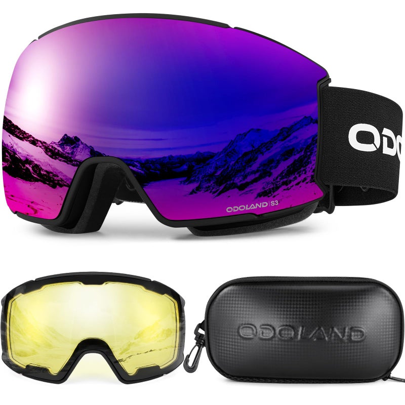 Odoland Ski Goggles Set with Detachable Lens, Interchangeable Lens, Anti-Fog UV Protection Snow Goggles for Men and Women, Helmet Compatible, Black Frame Purple Lens vlt 14%-15% - Image 1