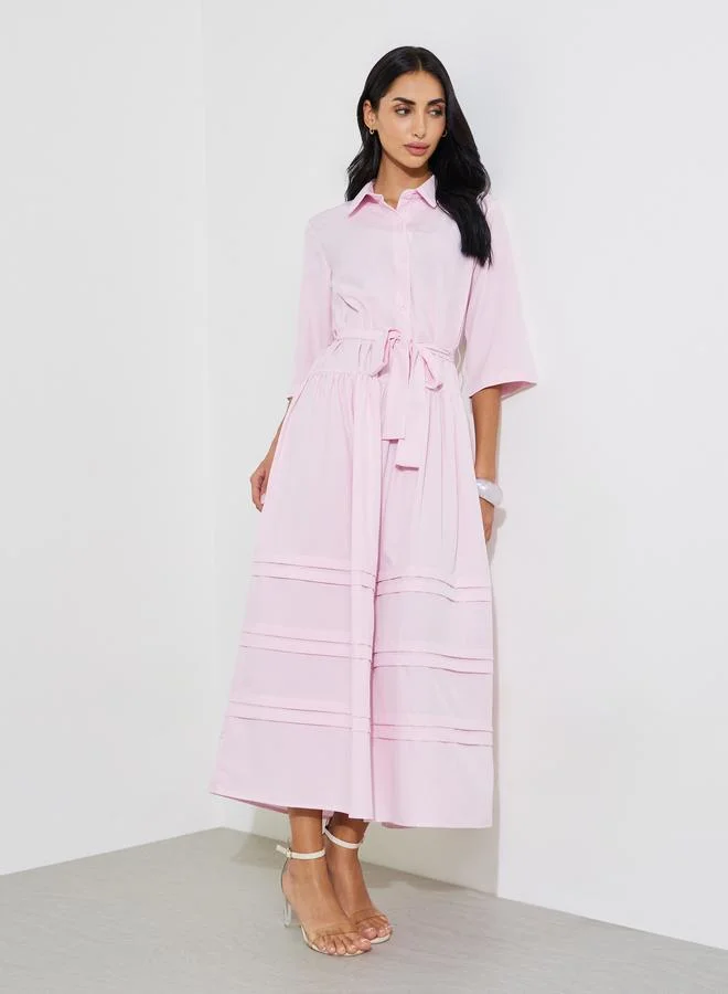 ستايلي Pink Solid Pleated 3/4 Sleeves Shirt Maxi Dress