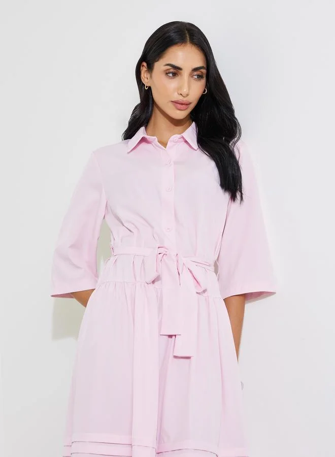 ستايلي Pink Solid Pleated 3/4 Sleeves Shirt Maxi Dress