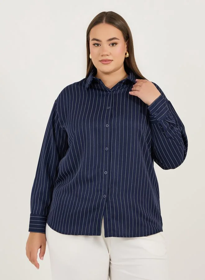 Styli Plus Size Oversized Striped Long Sleeve Shirt