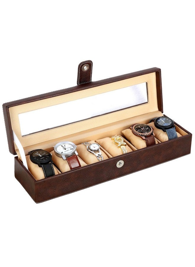 Hard Craft Watch Organizer Holder Jewelry Accessories Transparent Display Storage Case Watch Organiser Collection Box 6 Slots In PU Leather For Men Women Brown Color - Image 5