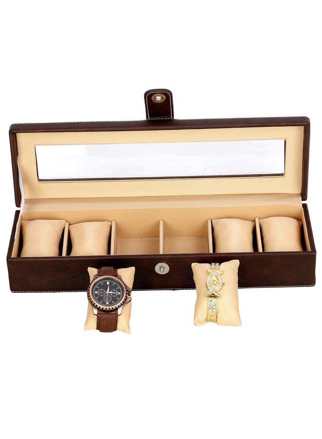 Hard Craft Watch Organizer Holder Jewelry Accessories Transparent Display Storage Case Watch Organiser Collection Box 6 Slots In PU Leather For Men Women Brown Color - Image 4